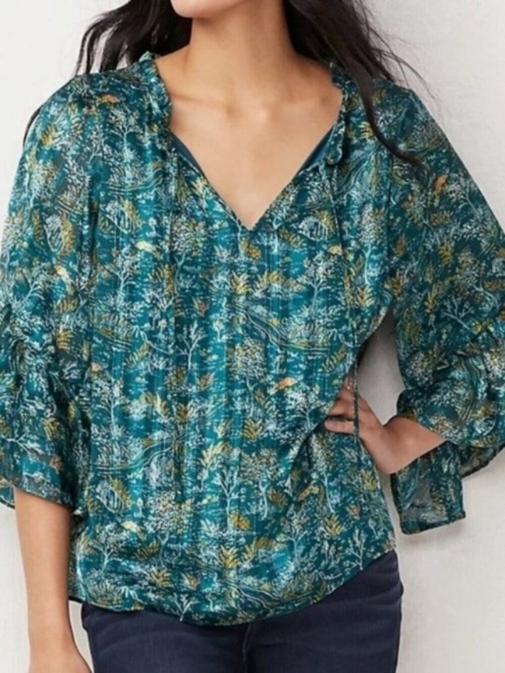 LC LAUREN CONRAD Floral Bell Sleeve Peasant Blouse Teal Yellow Size M